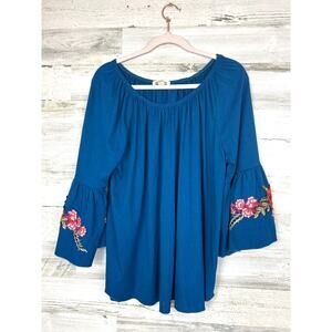 Blue Mood Women’s Plus 1X Blue Embroidered 3/4 Bell Sleeve Blouse Top NEW
